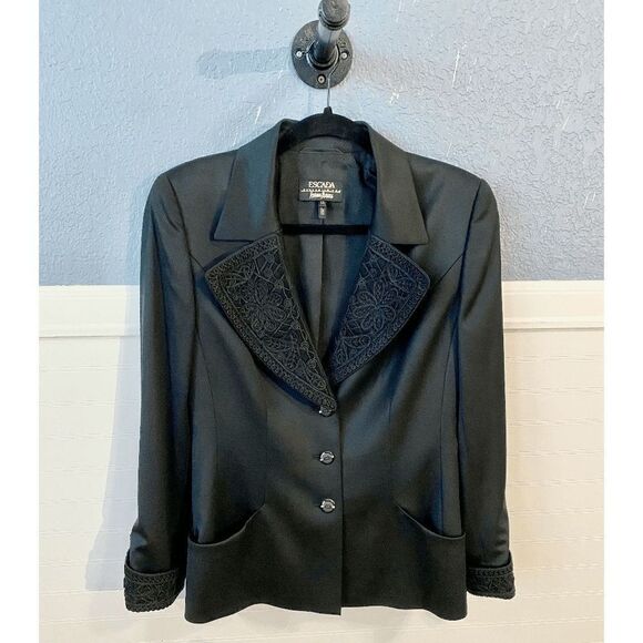 Escada Women's Embroidered Collar Front Pocket Button Closure Blazer Black - Picture 2 of 11